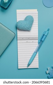 Stationery And Laptop Over Blue Background, Education, Business Or Learning Concept, Flatlay Of School Or Home Office Items. 