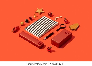 Stationery, notepad, pencil, magnifier on Christmas concept red background - Powered by Shutterstock