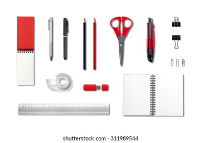 Stationery, Office Supplies Mockup Template, Isolated On White Background