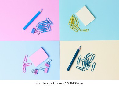 Stationery on blue and pink background. Back to school concept.