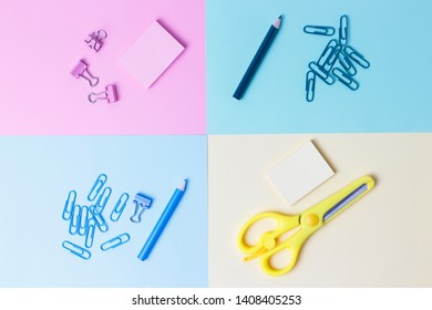 Stationery on blue and yellow background. Back to school concept.