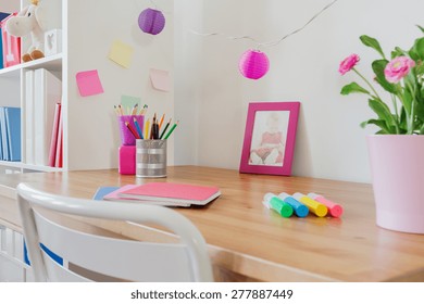 Stationery On The Desk In Kid's Room