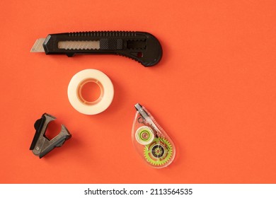 Stationery On A Red Background. Office Items