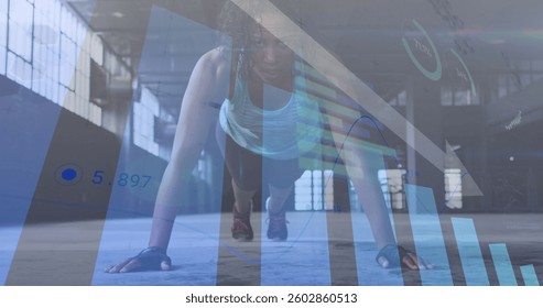 Statistical data processing against african american woman performing pushup exercise. statistics and sports fitness concept - Powered by Shutterstock - Get 15% off with code: PIKWIZARD15
