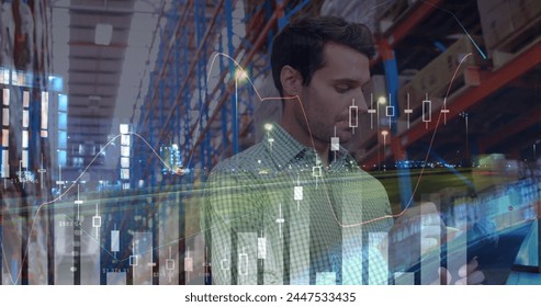 Statistical data processing against caucasian male supervisor checking stock at warehouse. logistics and transportation business concept - Powered by Shutterstock