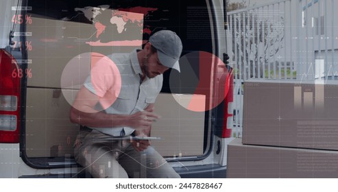 Statistical data processing against caucasian delivery man writing on clipboard and smiling. logistics and transportation business concept