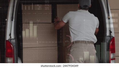 Statistical data processing against caucasian delivery man removing boxes from his delivery van. logistics and transportation business concept