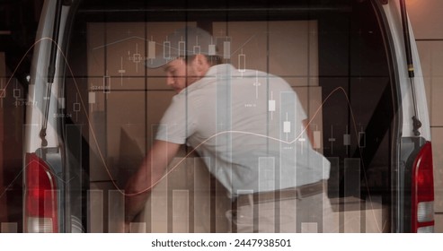 Statistical data processing against caucasian delivery man removing boxes from his delivery van. logistics and transportation business concept