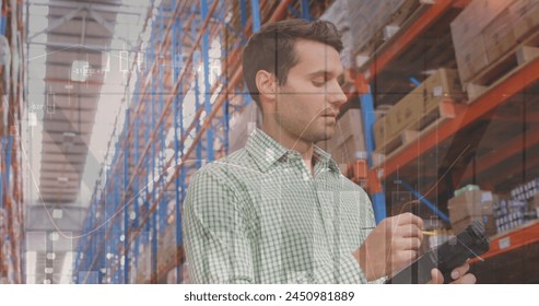 Statistical data processing against caucasian male supervisor checking stocks at warehouse. logistics and transportation business concept
