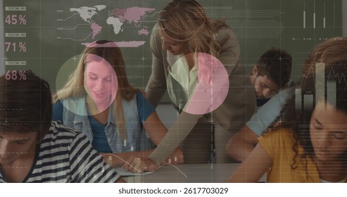 Statistical data processing against caucasian female teacher teaching students in a class at college. college, education and technology concept