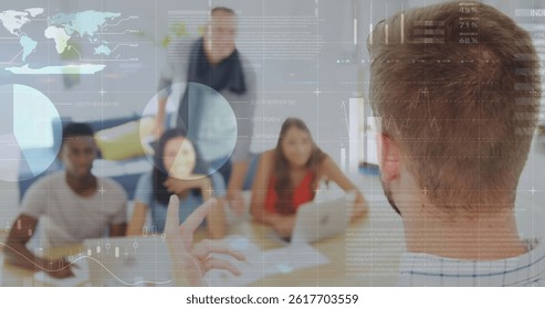 Statistical data processing against caucasian man giving a presentation in meeting room at office. business technology concept