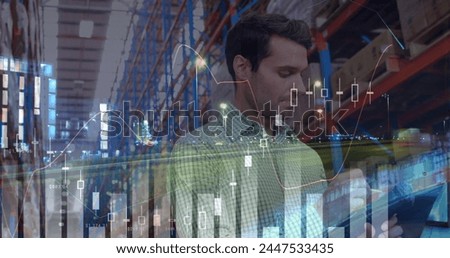 Statistical data processing against caucasian male supervisor checking stock at warehouse. logistics and transportation business concept