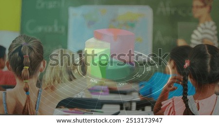 Statistical data processing against caucasian female teacher teaching in a class at school. school, education and technology concept