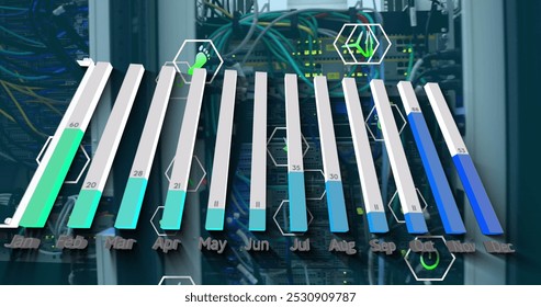 Statistical data processing against close up of a computer servers. computer interface and business data storage technology concept