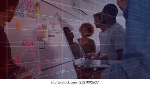 Statistical data processing against diverse office colleagues discussing together over whiteboard. Business analytics and data technology concept