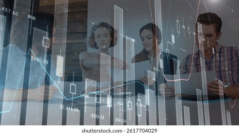 Statistical data processing against diverse office colleagues discussing in meeting room at office. business data and analytics concept