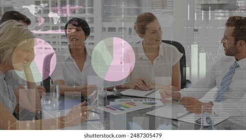 Statistical data processing against group of diverse businesspeople discussing in meeting room. business data and analytics technology concept