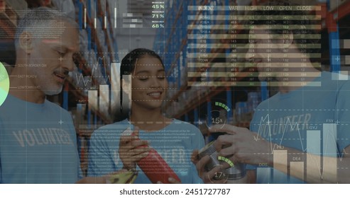 Statistical data processing against male and female volunteers opening donation bags at warehouse. logistics and transportation business concept
