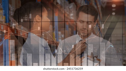 Statistical data processing against male and female supervisor talking to each other at warehouse. logistics and transportation business concept
