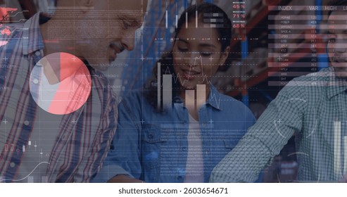 Statistical data processing against male and female volunteers opening donation bags at warehouse. logistics and transportation business concept