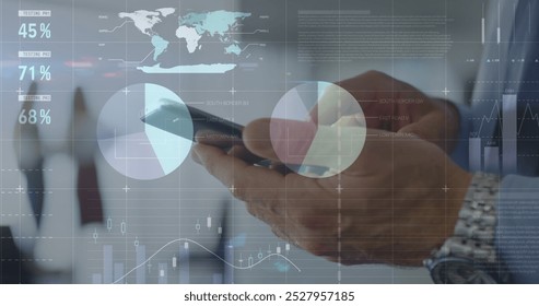 Statistical data processing against mid section of a businessman using smartphone. Global finance and business technology concept