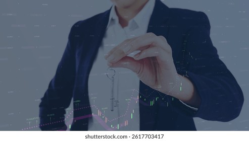 Statistical data processing against mid section of caucasian female real estate agent holding a key. real estate and technology concept