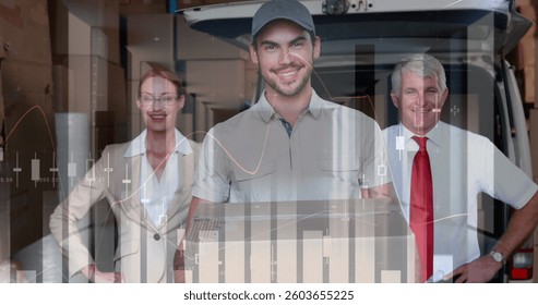 Statistical data processing against portrait of male and female supervisor and delivery man smiling. logistics and transportation business concept