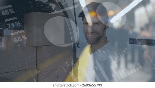 Statistical data processing against portrait of caucasian delivery man with clipboard smiling. logistics and transportation business concept