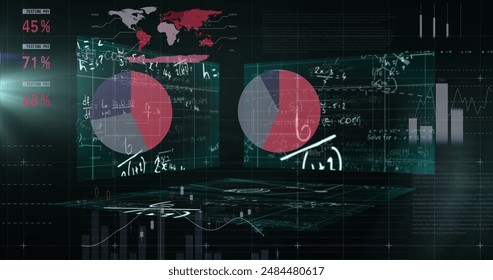Statistical data processing against screens with mathematical equations on black background. statistics and mathematics research technology concept