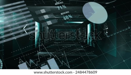 Statistical data processing against screens with mathematical equations on black background. statistics and mathematics research technology concept