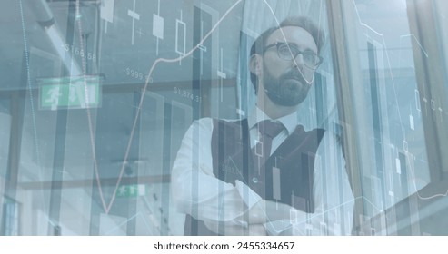 Statistical data processing against thoughtful caucasian businessman looking out of office window. business technology concept