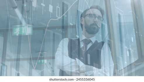 Statistical data processing against thoughtful caucasian businessman looking out of office window. business technology concept