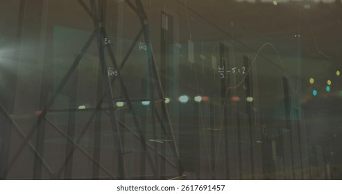 Statistical data processing and mathematical equations against night city traffic. global business and technology concept