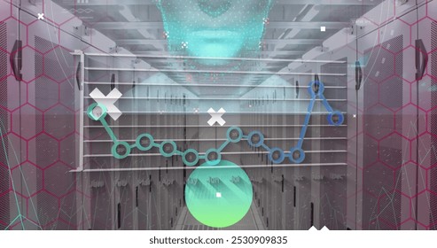 Statistical data processing and network of connections against computer server room. computer interface and business data storage technology concept