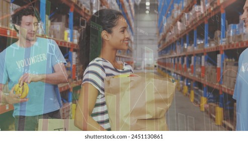 Statistical data processing over african american woman donating bag to male volunteer at warehouse. logistics and transportation business concept