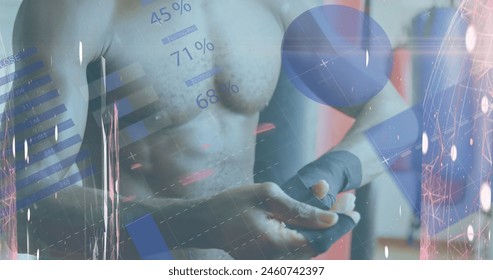 Statistical data processing over african american male boxer wrapping hand in boxing tape. Sports and business technology concept - Powered by Shutterstock