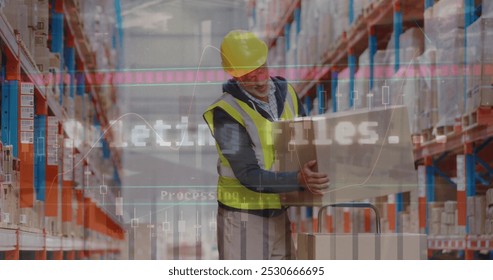 Statistical data processing over caucasian senior worker holding his back in pain at warehouse. Logistics business and technology concept - Powered by Shutterstock