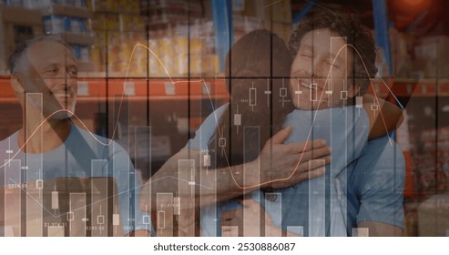 Statistical data processing over diverse male and female volunteer hugging each other at warehouse. logistics and transportation business concept - Powered by Shutterstock