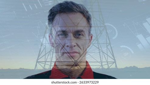 Statistical data processing over portrait of senior man with arms crossed against network towers. Global networking and technology concept