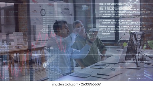 Statistical data processing over two diverse male engineers discussing over a car model. Global business and architectural engineering technology concept