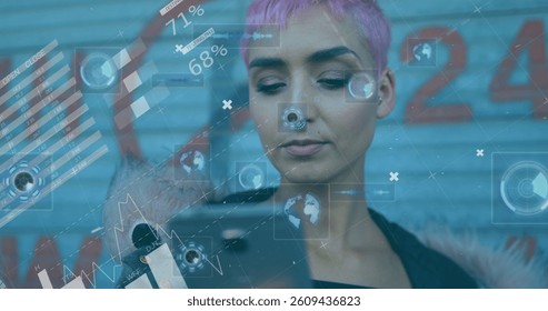 Statistical data processing and round scanners against woman using smartphone. global finance and networking technology concept