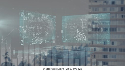 Statistical data processing and screens with mathematical equations against tall buildings. global business and technology concept