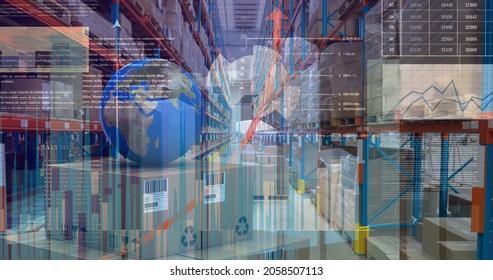 Statistical And Financial Data Processing Against Globe On Stack Of Boxes At Warehouse. Global Finance And Business Concept