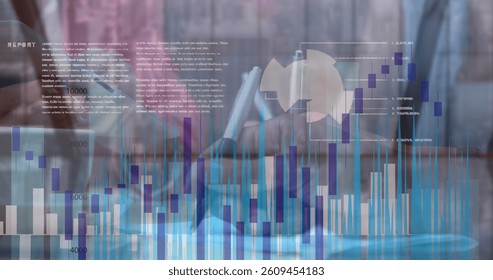 Statistical and financial data processing against people taking notes at office. global finance and business concept