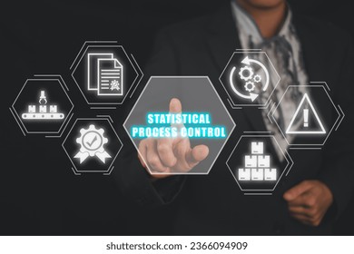 Statistical process control concept, Business woman hand touching statistical process control icon on virtual screen.