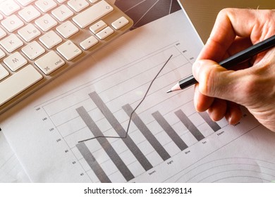Statistical reports. Financial data documents charts graphs diagrams on analytics workspace. Finance concept.
