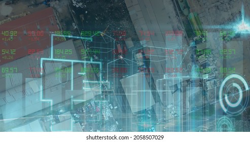 Statistical and stock market data processing against aerial view of cityscape. global finance and business concept