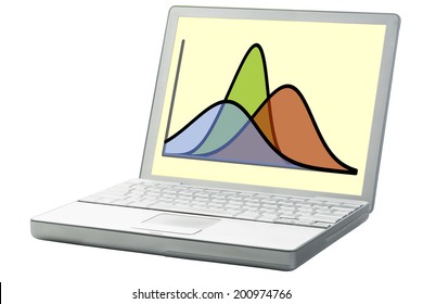 statistics or analysis concept - three Gaussian (normal distribution) curves on a laptop computer
