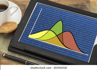 statistics or analysis concept - three Gaussian (normal distribution) curves with binary background on a digital tablet