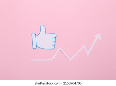Statistics and analytics of subscriber activity Thumb up icon with growth arrow on a pink background